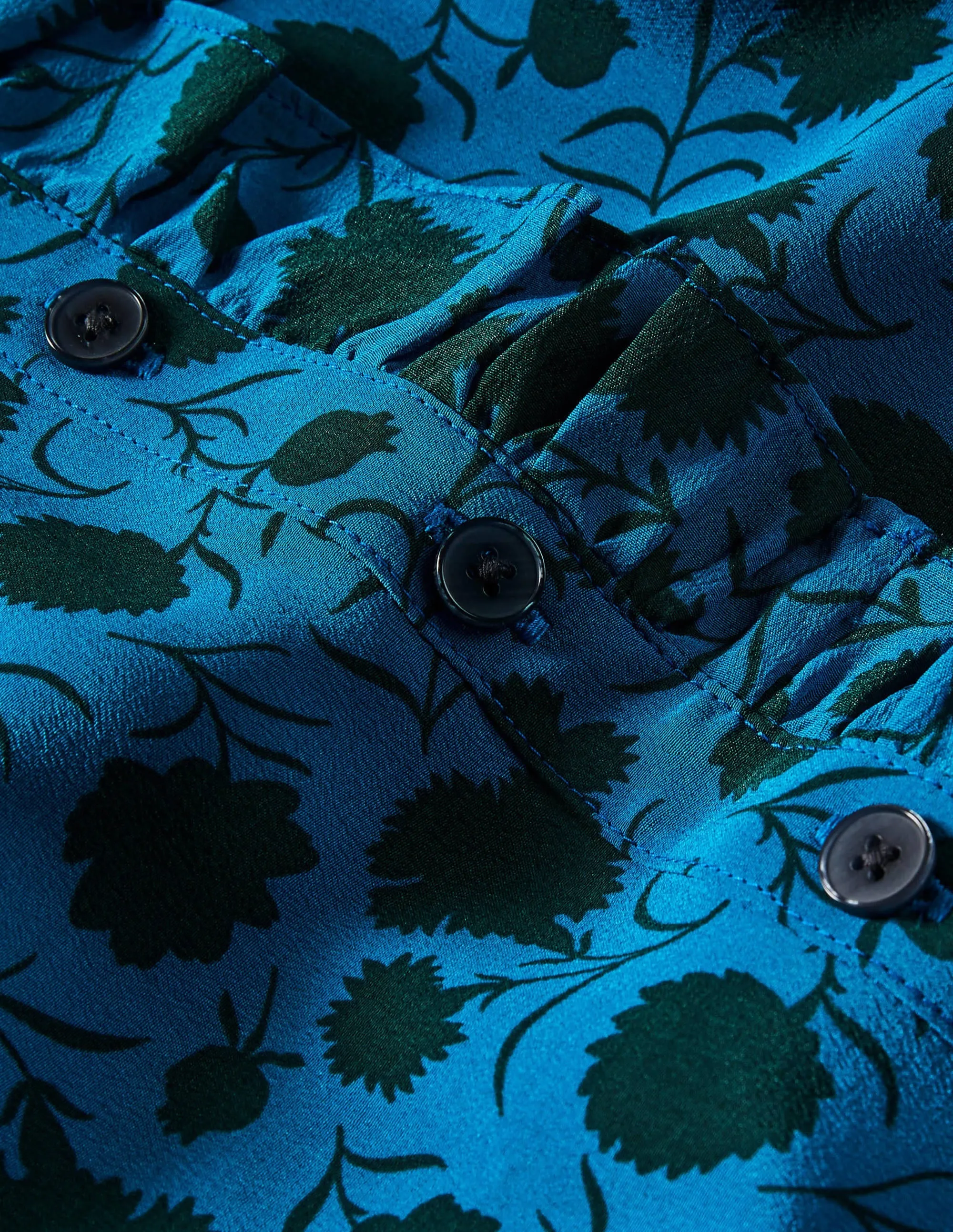 High Neck Ruffle Silk Blouse-Winter Azure, Leafy Bud