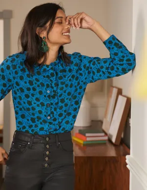 High Neck Ruffle Silk Blouse-Winter Azure, Leafy Bud