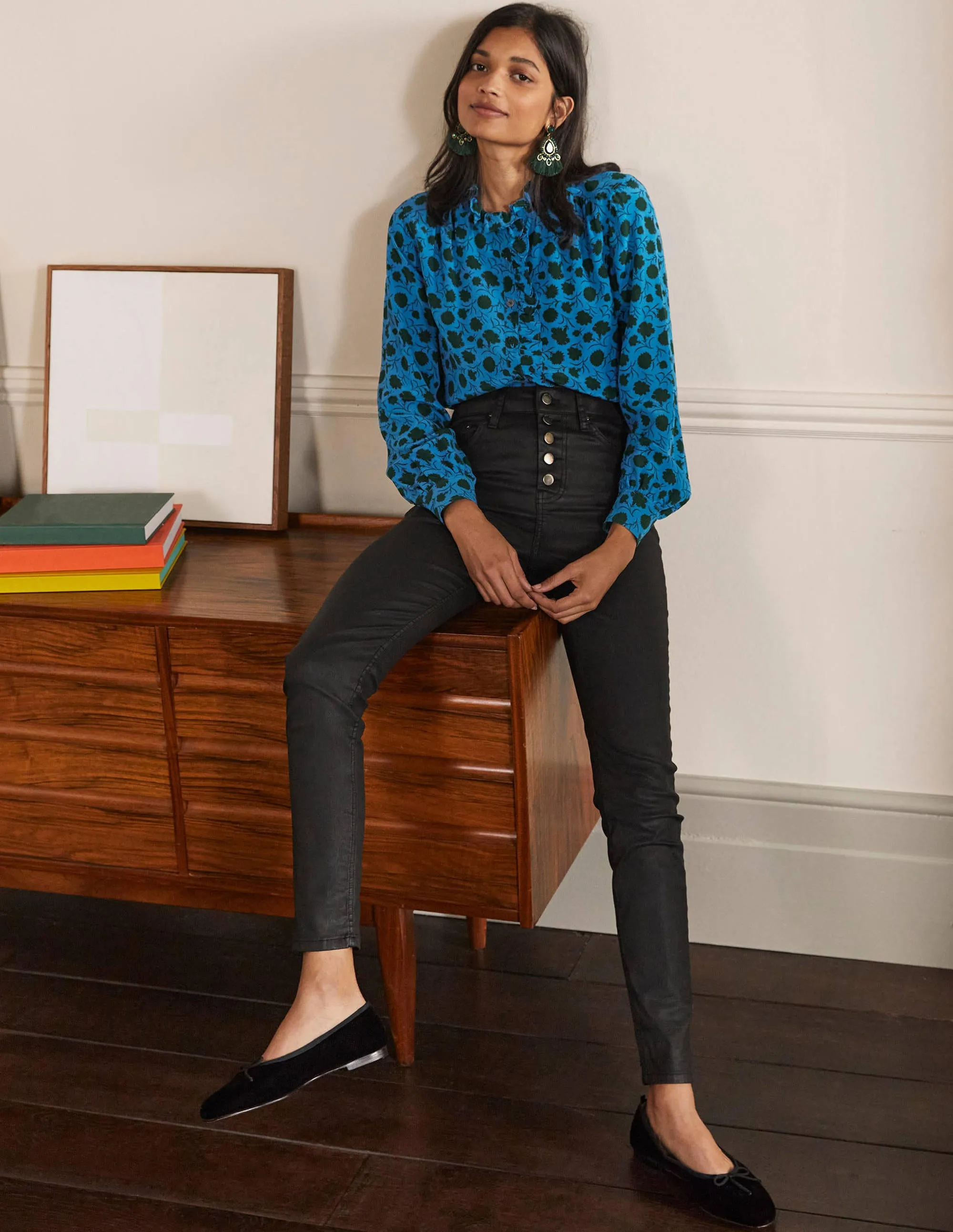 High Neck Ruffle Silk Blouse-Winter Azure, Leafy Bud
