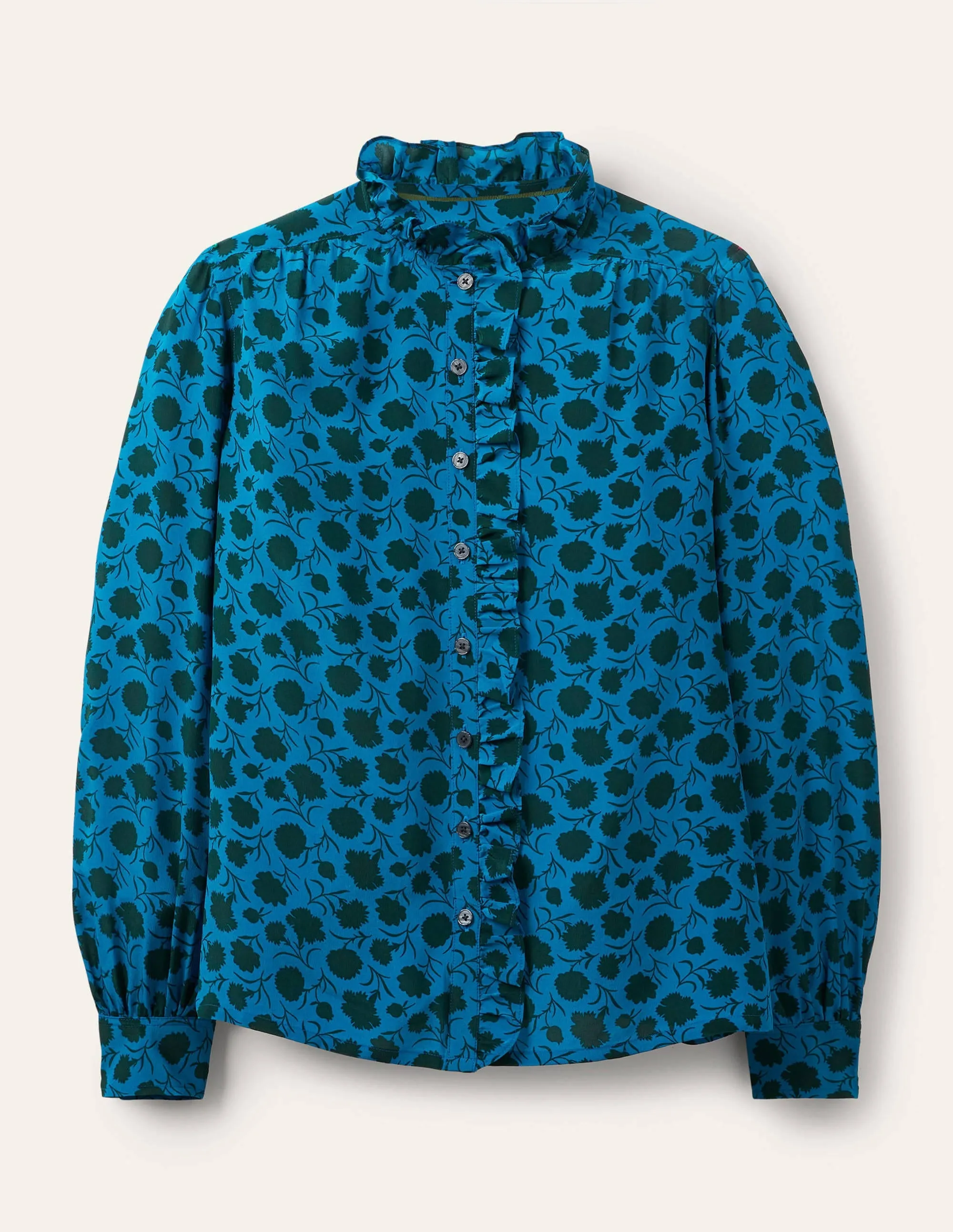 High Neck Ruffle Silk Blouse-Winter Azure, Leafy Bud