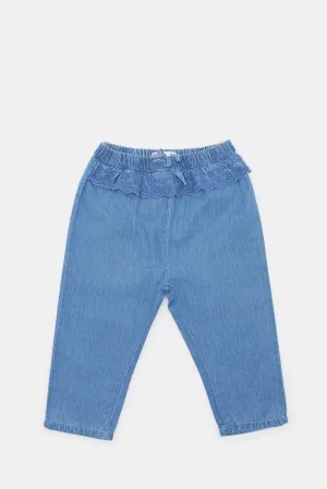 Infant Girls Blue Schiffli Lace Hem Jeans