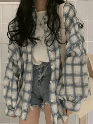 Joskaa Checkered Puff Sleeve Button Blouse