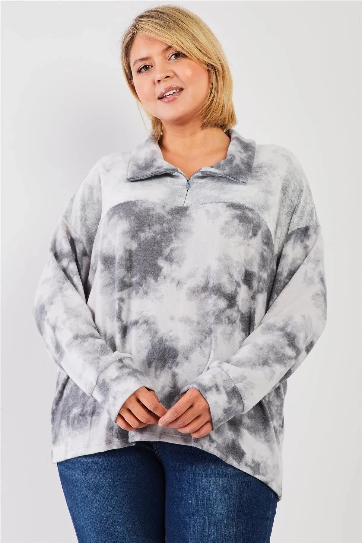 Junior Plus Graphite Tie-Dye Print Fleece Combo Plush Collared Neck Long Sleeve Loose Fit Top /1-2-1