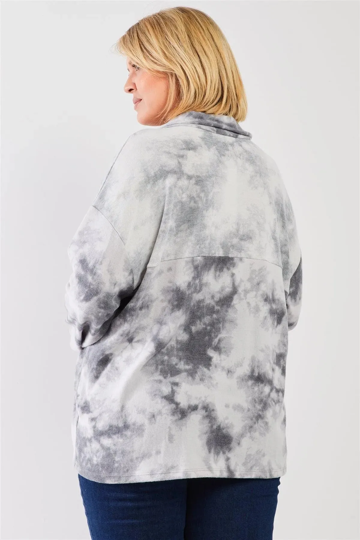 Junior Plus Graphite Tie-Dye Print Fleece Combo Plush Collared Neck Long Sleeve Loose Fit Top /1-2-1