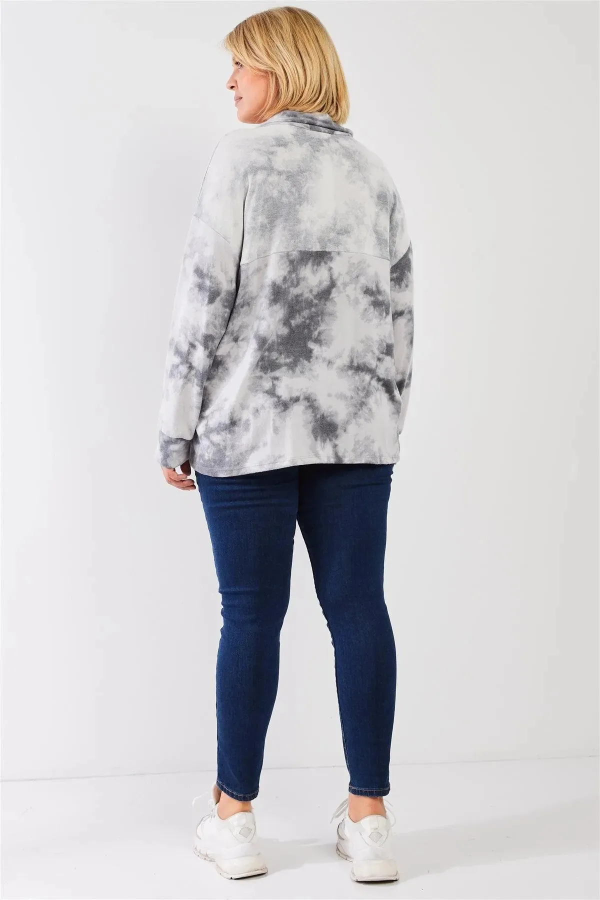 Junior Plus Graphite Tie-Dye Print Fleece Combo Plush Collared Neck Long Sleeve Loose Fit Top /1-2-1