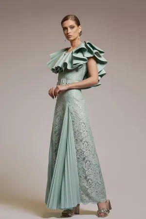 Lace A-line Midi Dress with Ruffled Neckline