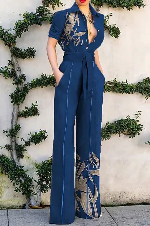Leaf Print Commuting Belted Wide Leg Jumpsuit