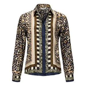 Leopard Silk Button Down Blouse - Navy