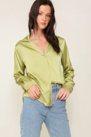 Lime Satin Collared Button Down Blouse