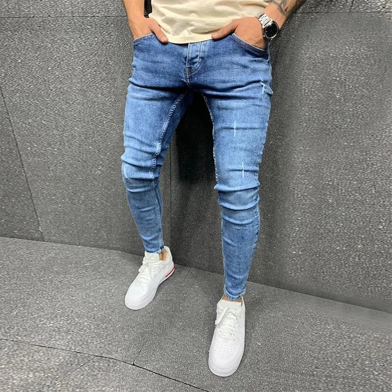 Mens Skinny Blue jeans Popular Scratch Slim Denim Pants Pencil Pants Autumn Street hip-hop denim trousers fashion clothing