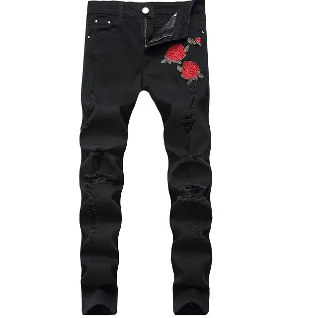 Men's Skinny Fit Rose Patch Jeans