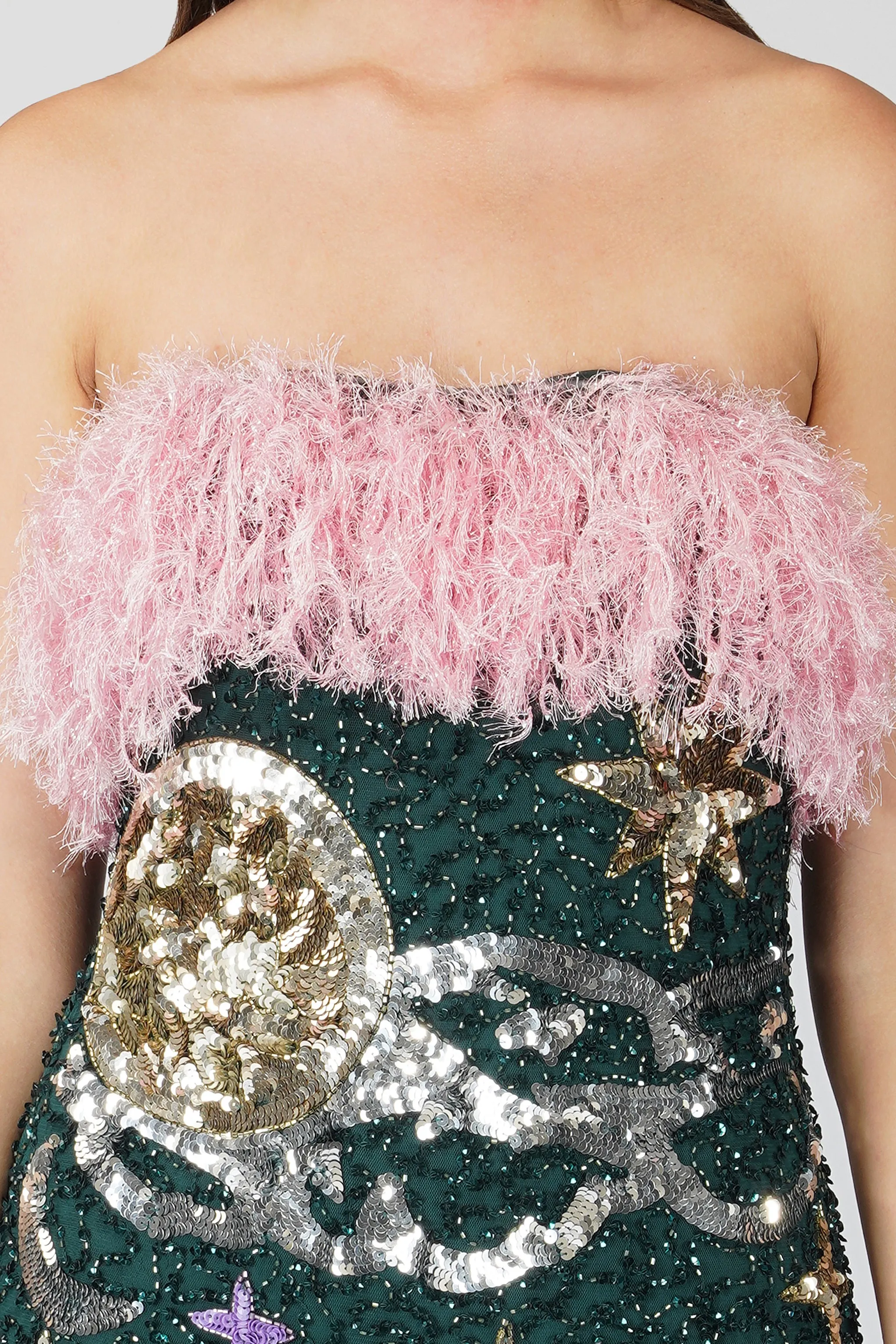 Midnight Sequin Feather Mini Dress in Emerald Green