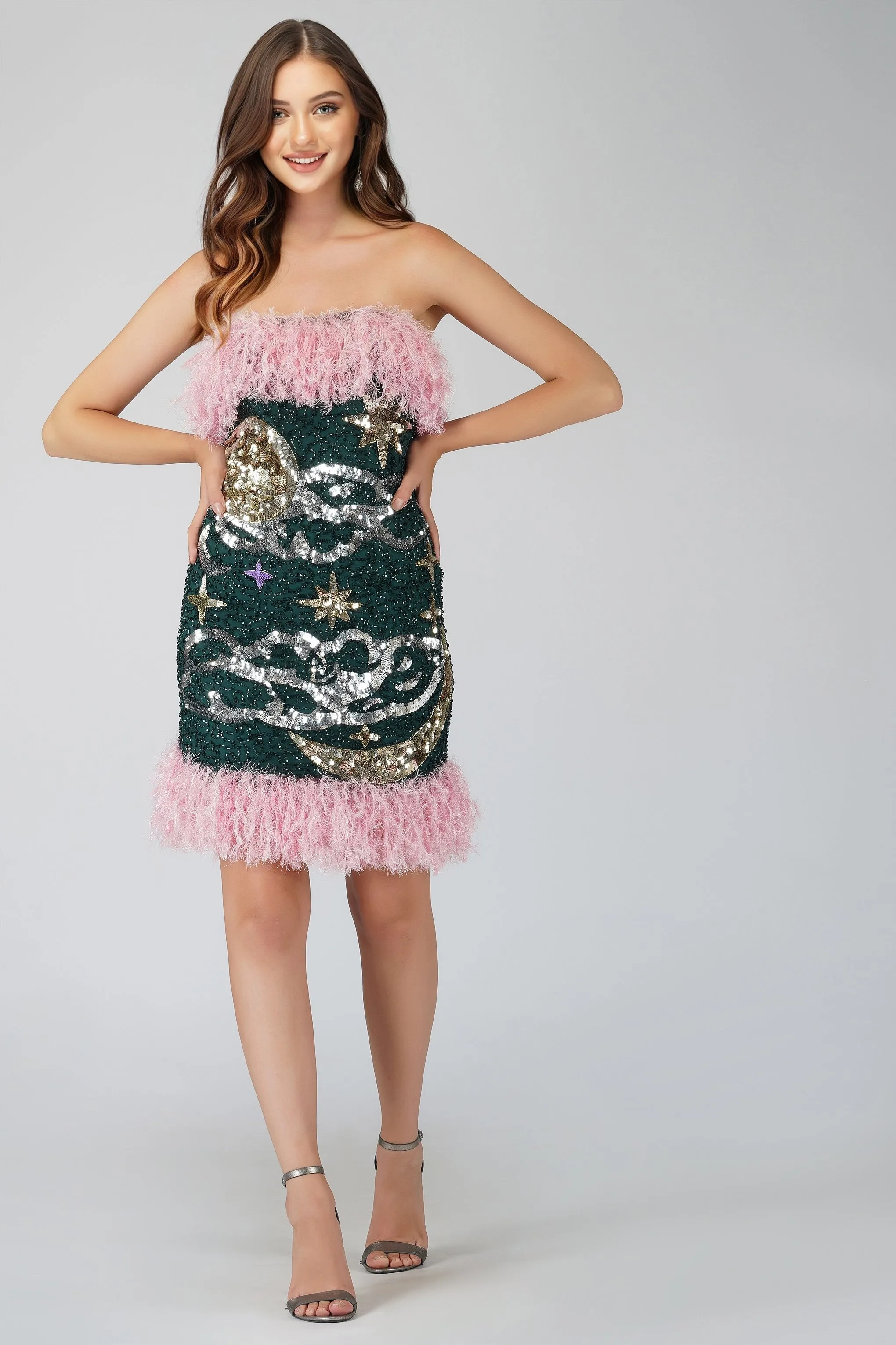 Midnight Sequin Feather Mini Dress in Emerald Green