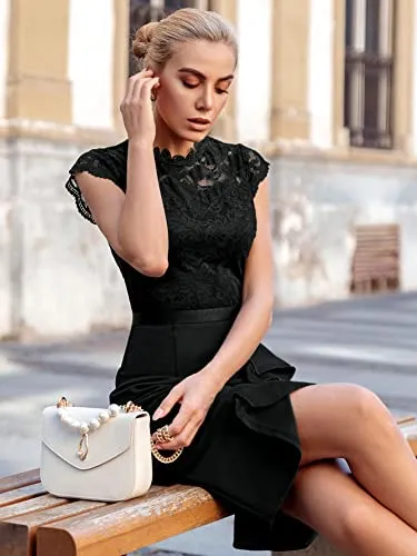 Miusol Women's Retro Floral Lace Ruffle Style Cocktail Mini Dress Navy Blue