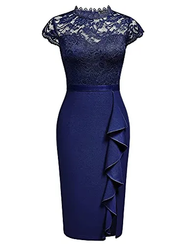 Miusol Women's Retro Floral Lace Ruffle Style Cocktail Mini Dress Navy Blue