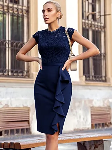 Miusol Women's Retro Floral Lace Ruffle Style Cocktail Mini Dress Navy Blue