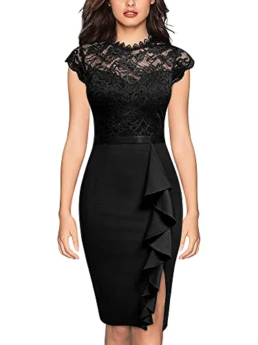 Miusol Women's Retro Floral Lace Ruffle Style Cocktail Mini Dress Navy Blue