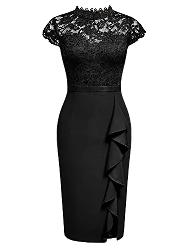 Miusol Women's Retro Floral Lace Ruffle Style Cocktail Mini Dress Navy Blue