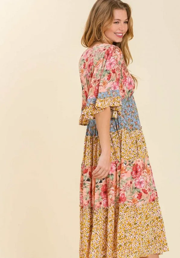 Mixed Floral Print Bohemian Midi Dress, Coral