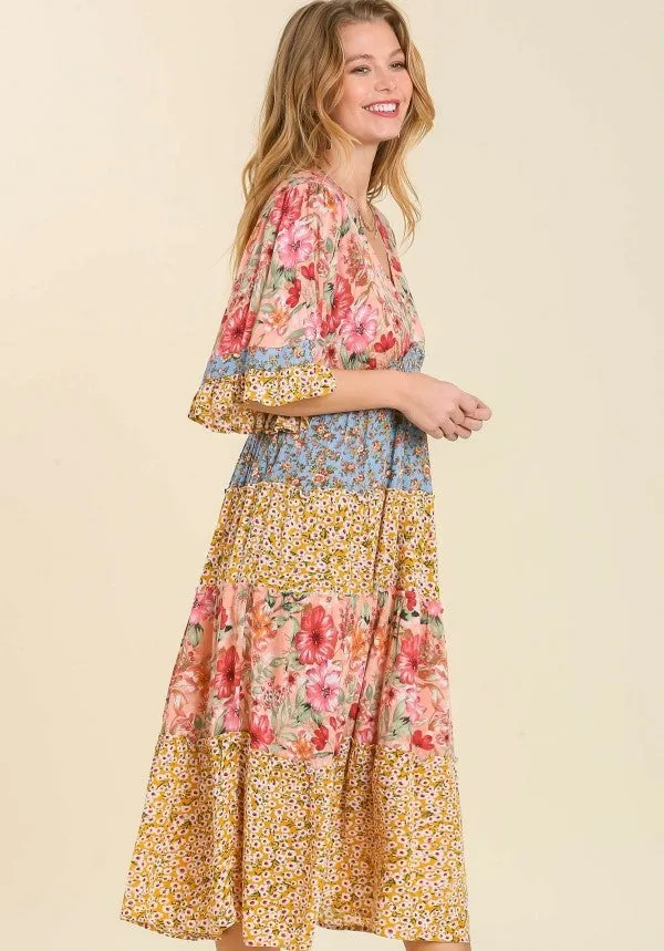 Mixed Floral Print Bohemian Midi Dress, Coral