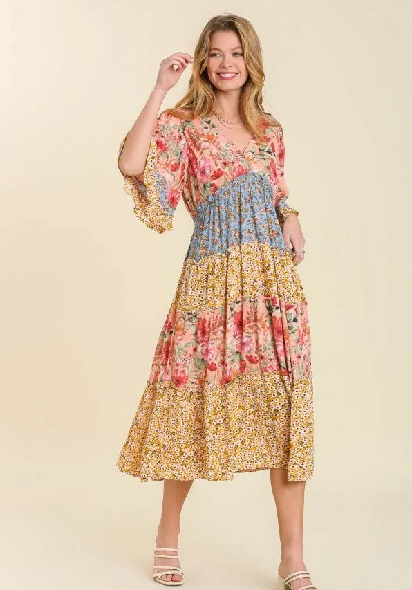 Mixed Floral Print Bohemian Midi Dress, Coral