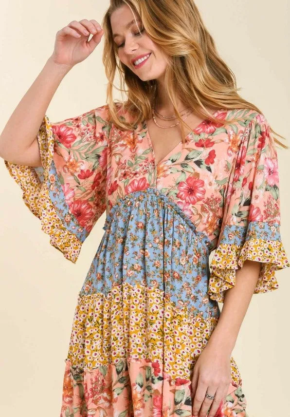 Mixed Floral Print Bohemian Midi Dress, Coral