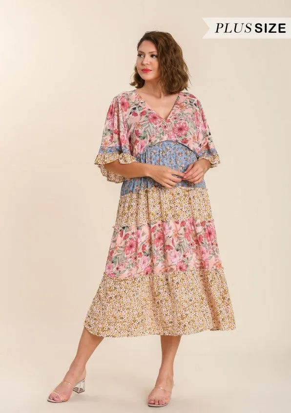 Mixed Floral Print Bohemian Midi Dress, Coral