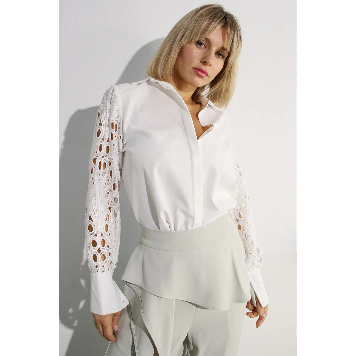 Ms. Alice Lace Sleeve Button Down Blouse