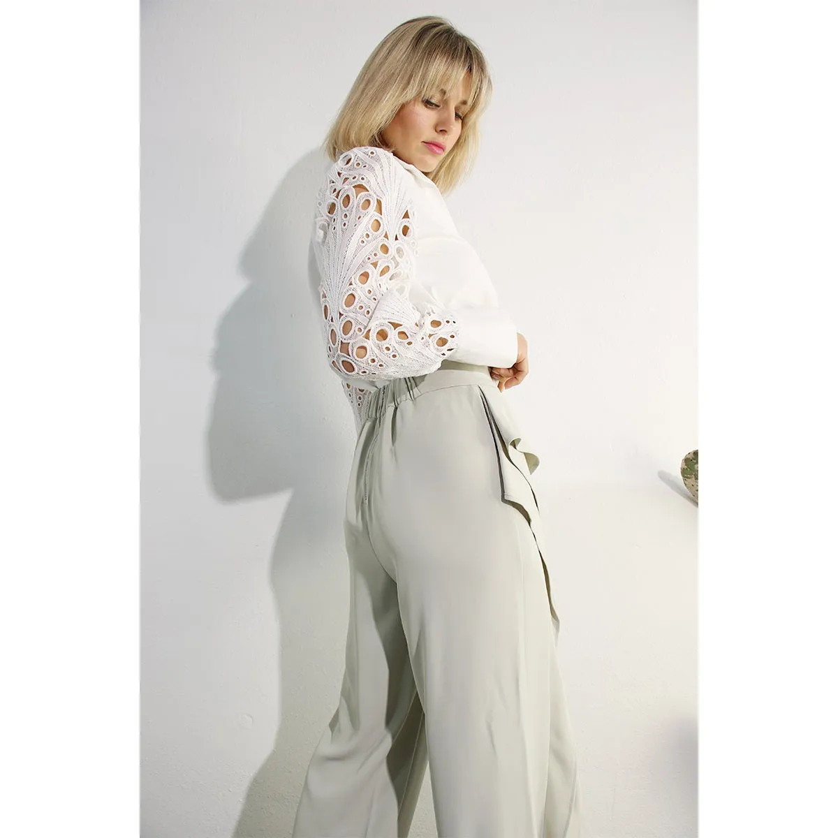 Ms. Alice Lace Sleeve Button Down Blouse