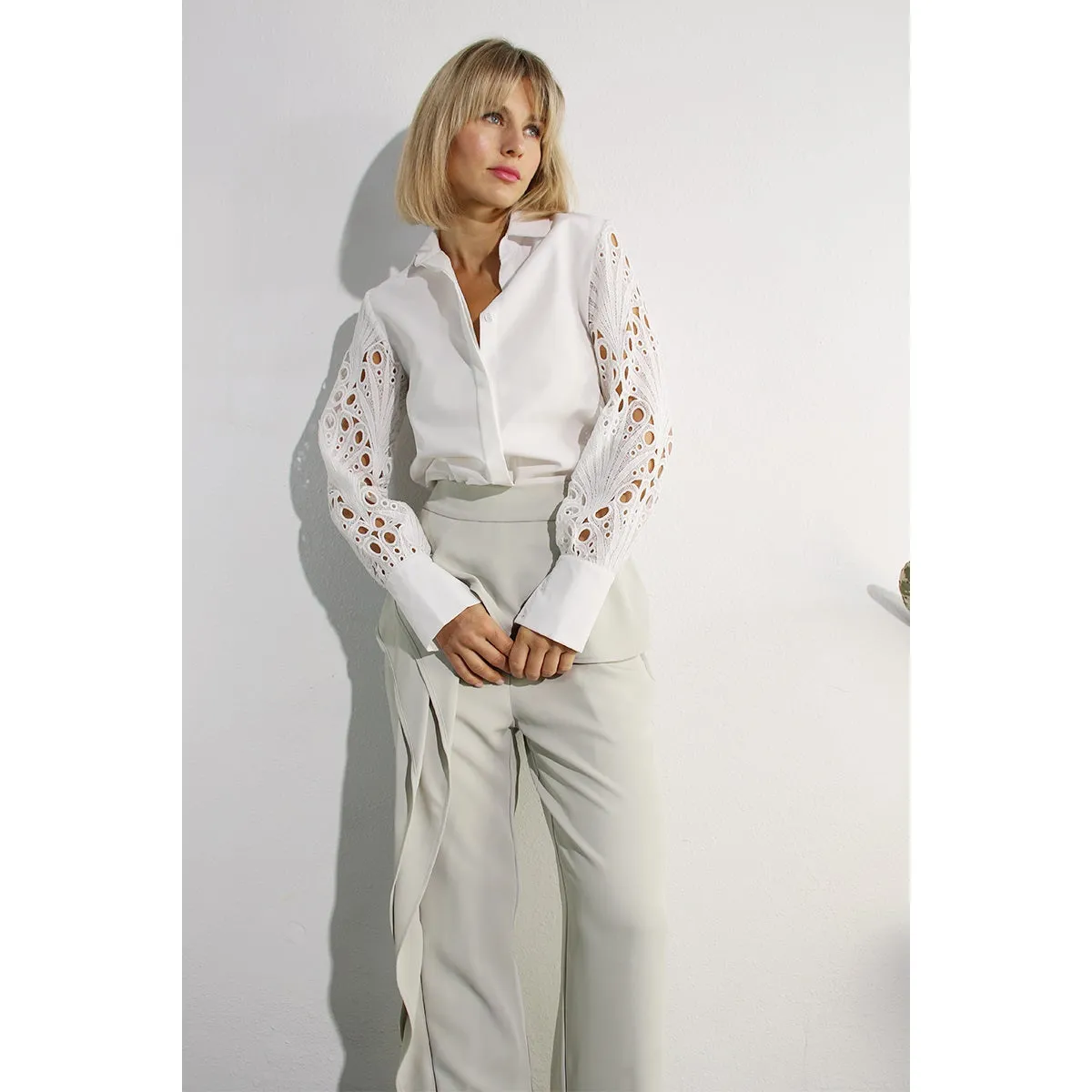 Ms. Alice Lace Sleeve Button Down Blouse