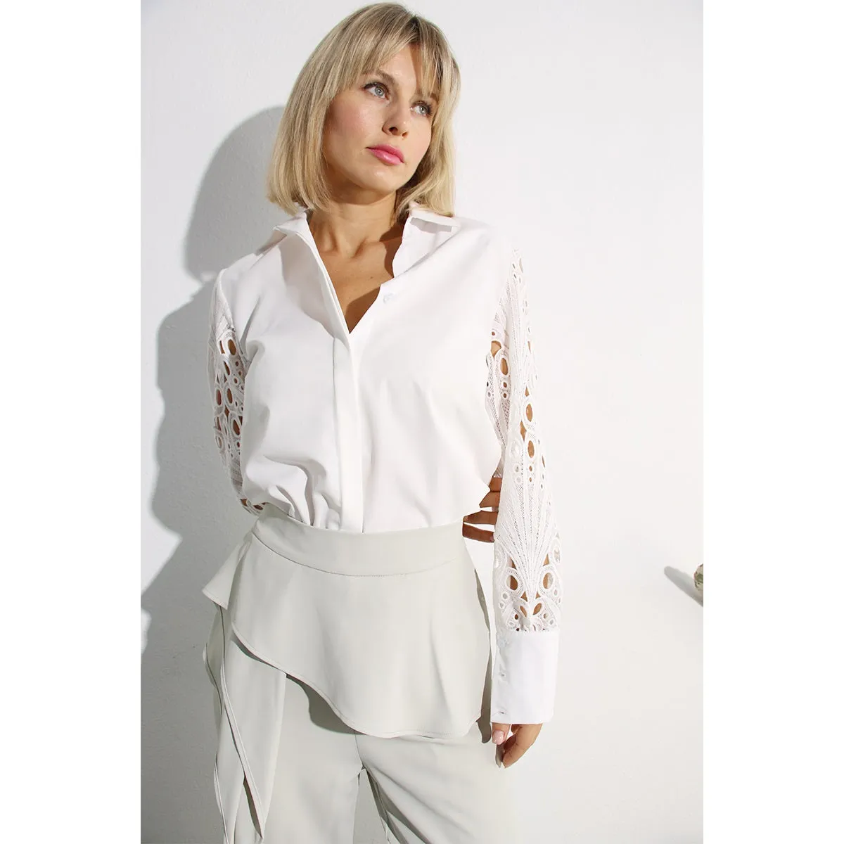 Ms. Alice Lace Sleeve Button Down Blouse