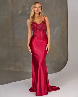 Niki Corset Satin Gown - Ruby