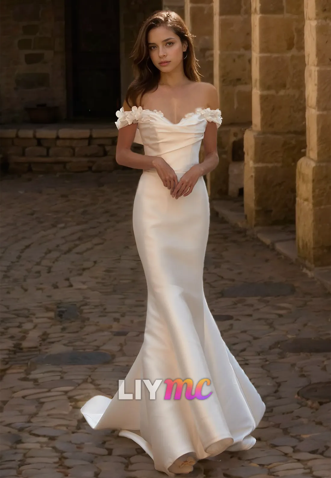 Off-Shoulder Strapless Floral Embellished Sleek Satin Removable Train Mermaid Dress