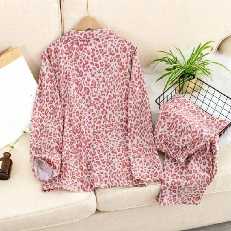 Pink Leopard Print Pajama Suit Set