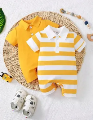 Plush - Polo Romper – Yellow & White Striped