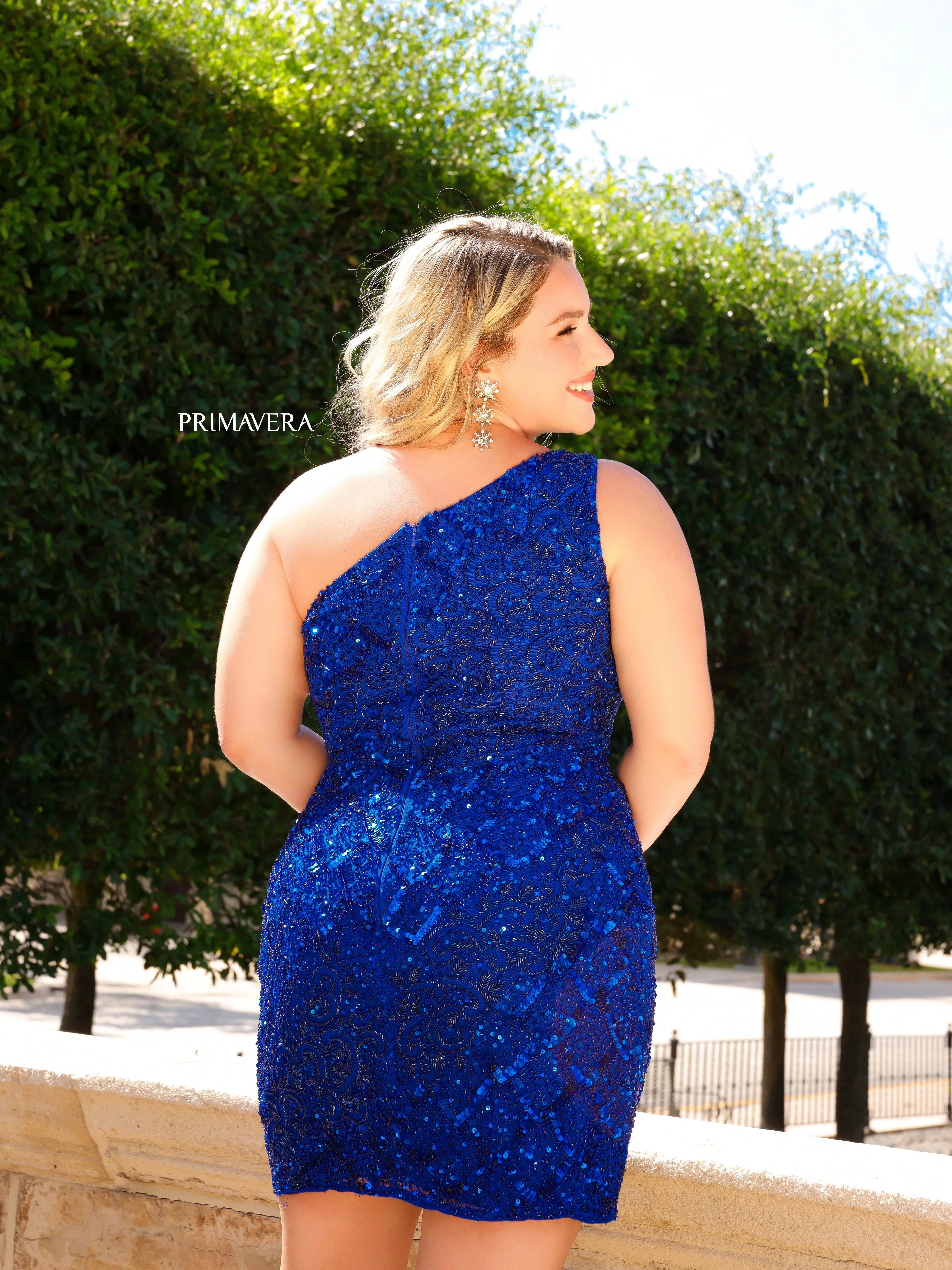 Primavera Couture 14023 Curvy Cocktail Dress One Shoulder Fully Embellished Sleeveless Short Homecoming Cocktail Dress