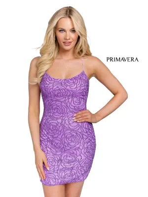 Primavera Couture 3558 Size 4 Lilac Cocktail Dress Rosette Beaded Scoop Neckline Lace Up Tie Back