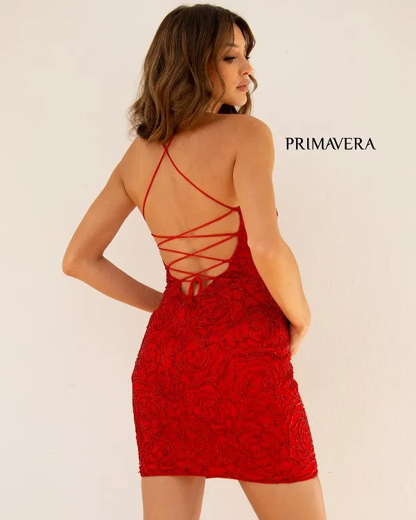 Primavera Couture 3558 Size 4 Lilac Cocktail Dress Rosette Beaded Scoop Neckline Lace Up Tie Back