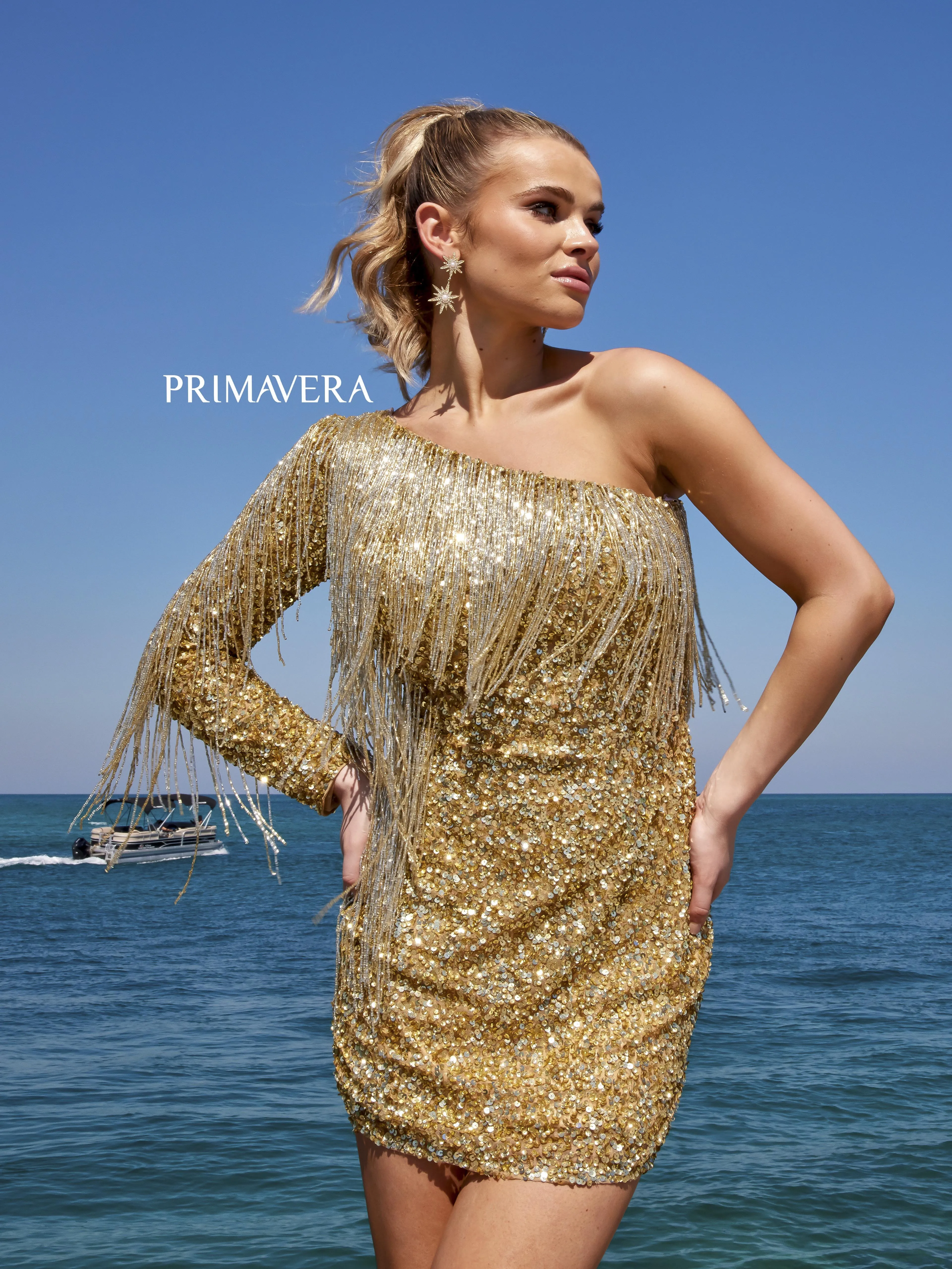 Primavera Couture 4003 Fringe Cocktail Dress Long Sleeves One Shoulder