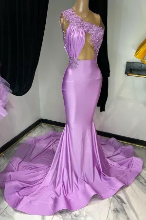 Purple Long One Shoulder Sleeveless Mermaid Satin Prom Dresses
