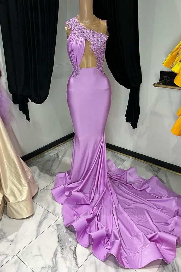 Purple Long One Shoulder Sleeveless Mermaid Satin Prom Dresses