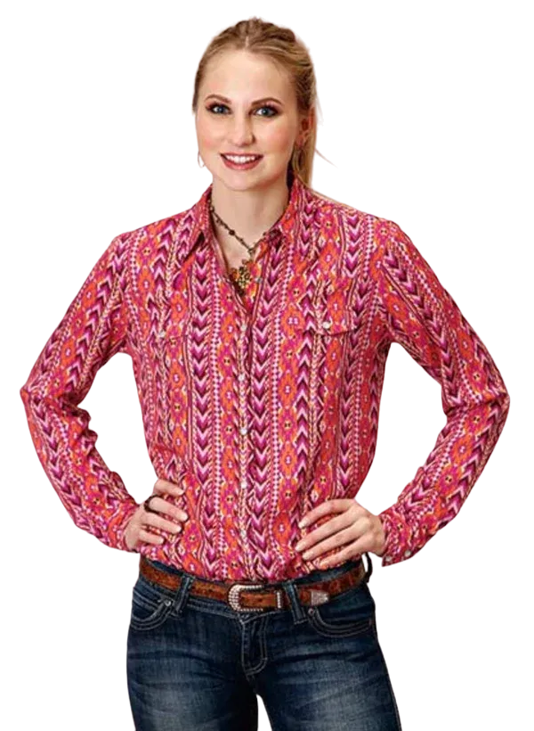 Roper Women's Retro Aztec Printed Western Pink Blouse