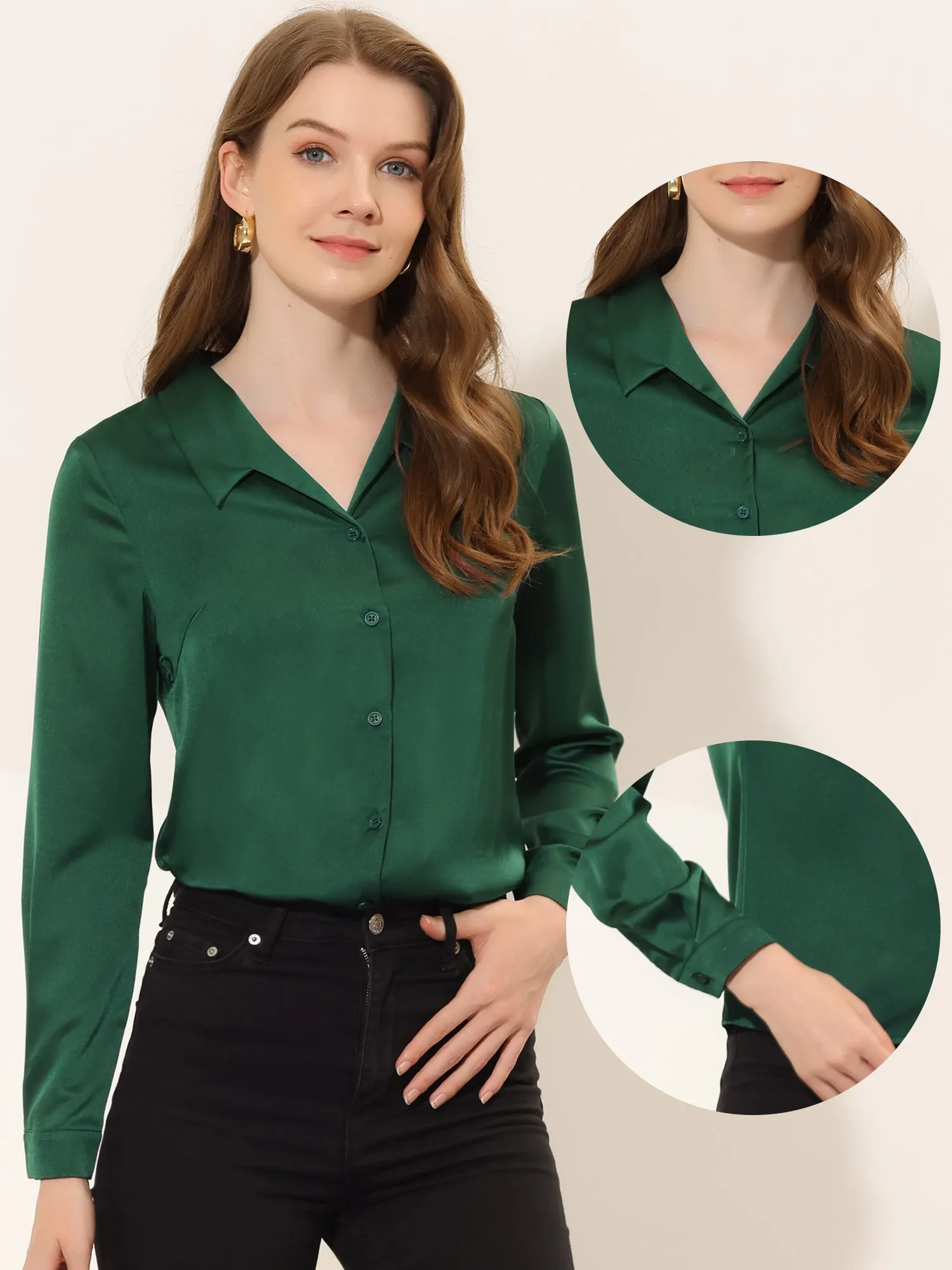 Satin Blouse Button Down Work Office Long Sleeve Top