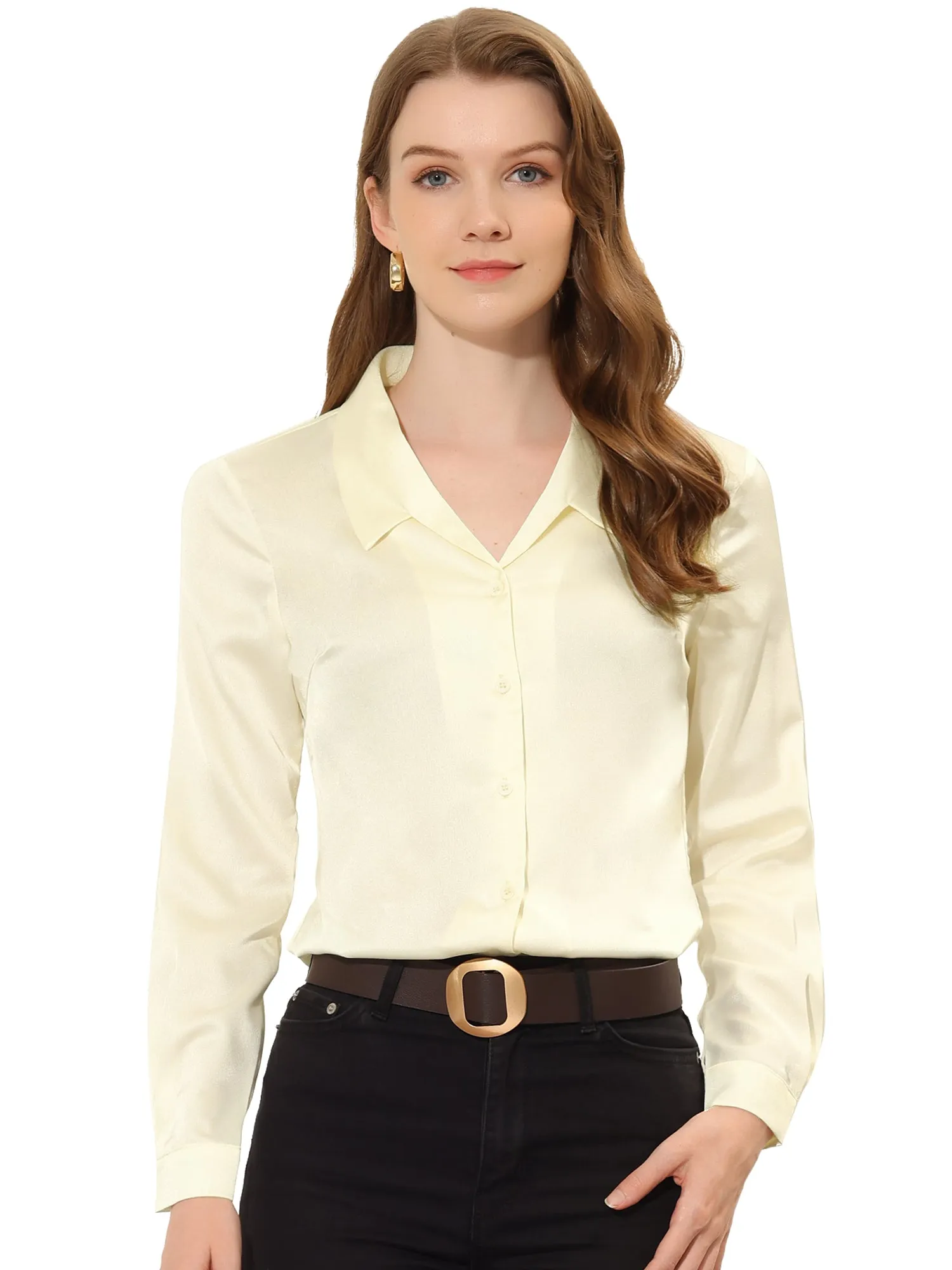 Satin Blouse Button Down Work Office Long Sleeve Top