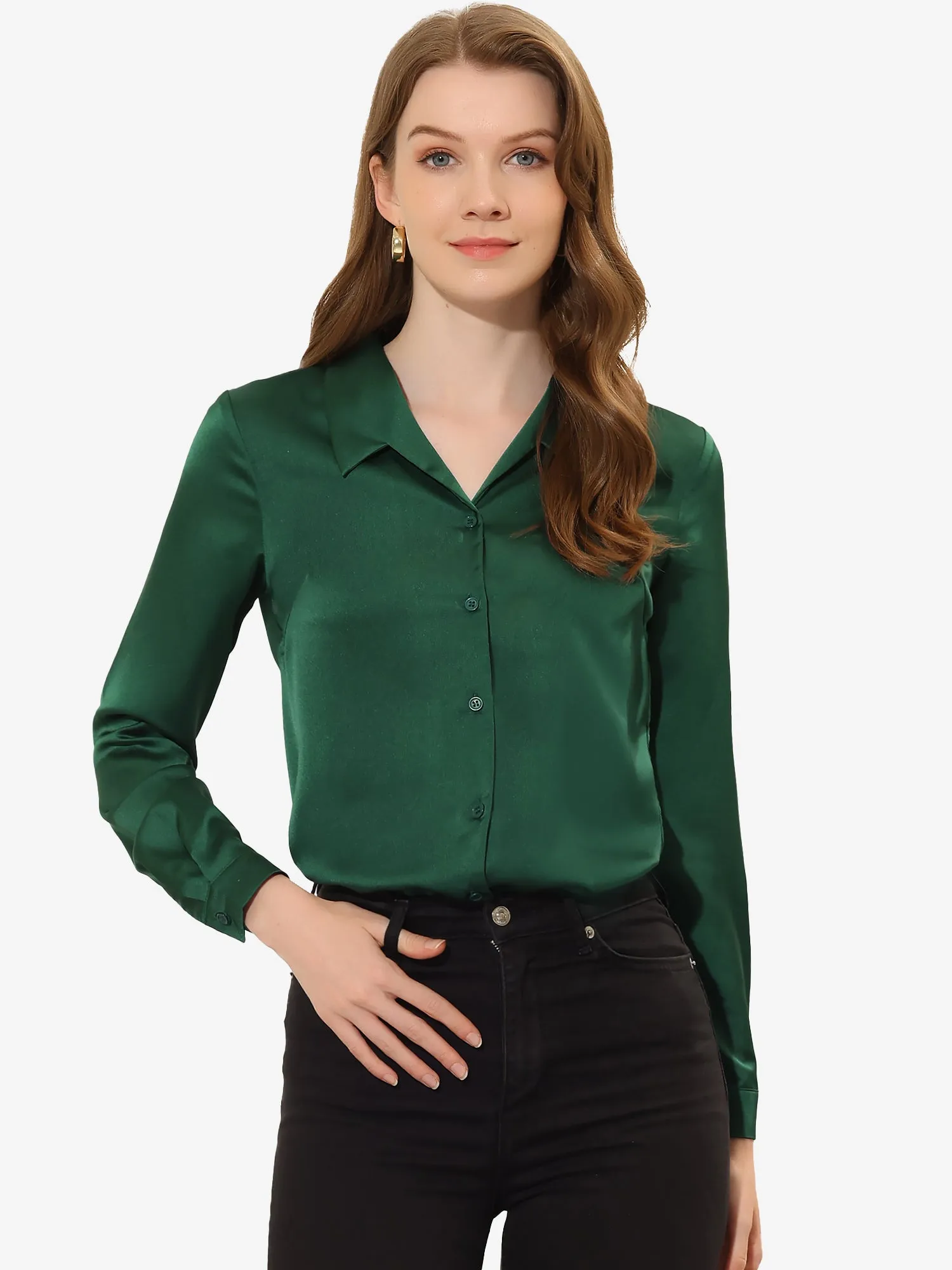 Satin Blouse Button Down Work Office Long Sleeve Top