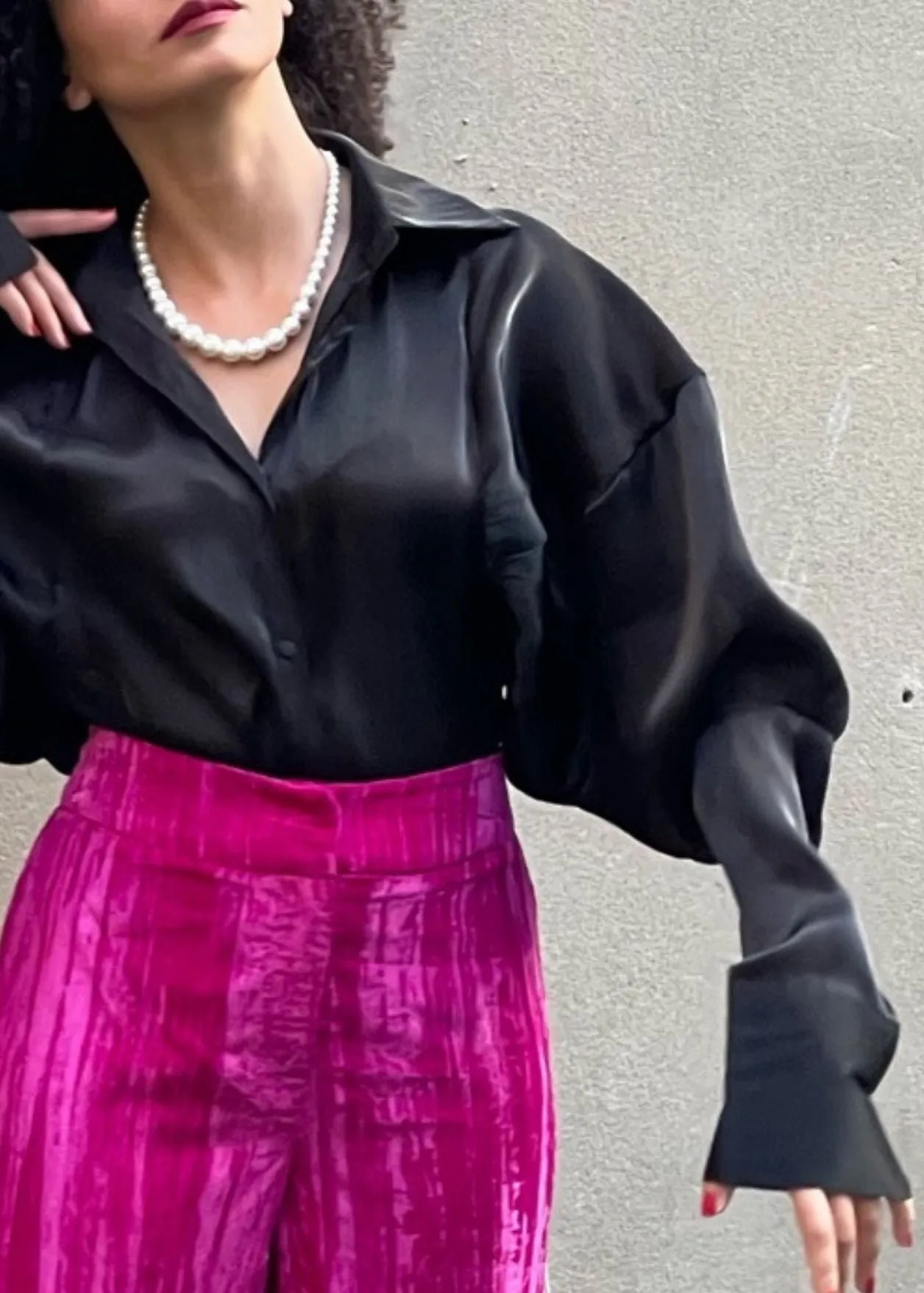 Satin Deep V Neck Batwing Blouse