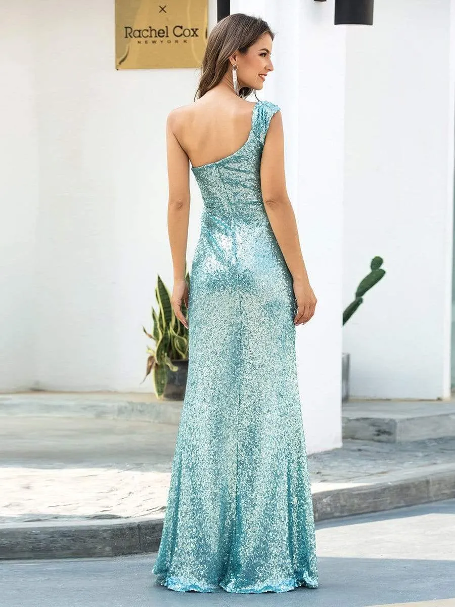 Shiny One Shoulder Fishtail Sequin Formal Evening Dresses for Women