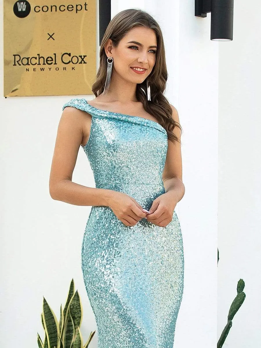 Shiny One Shoulder Fishtail Sequin Formal Evening Dresses for Women