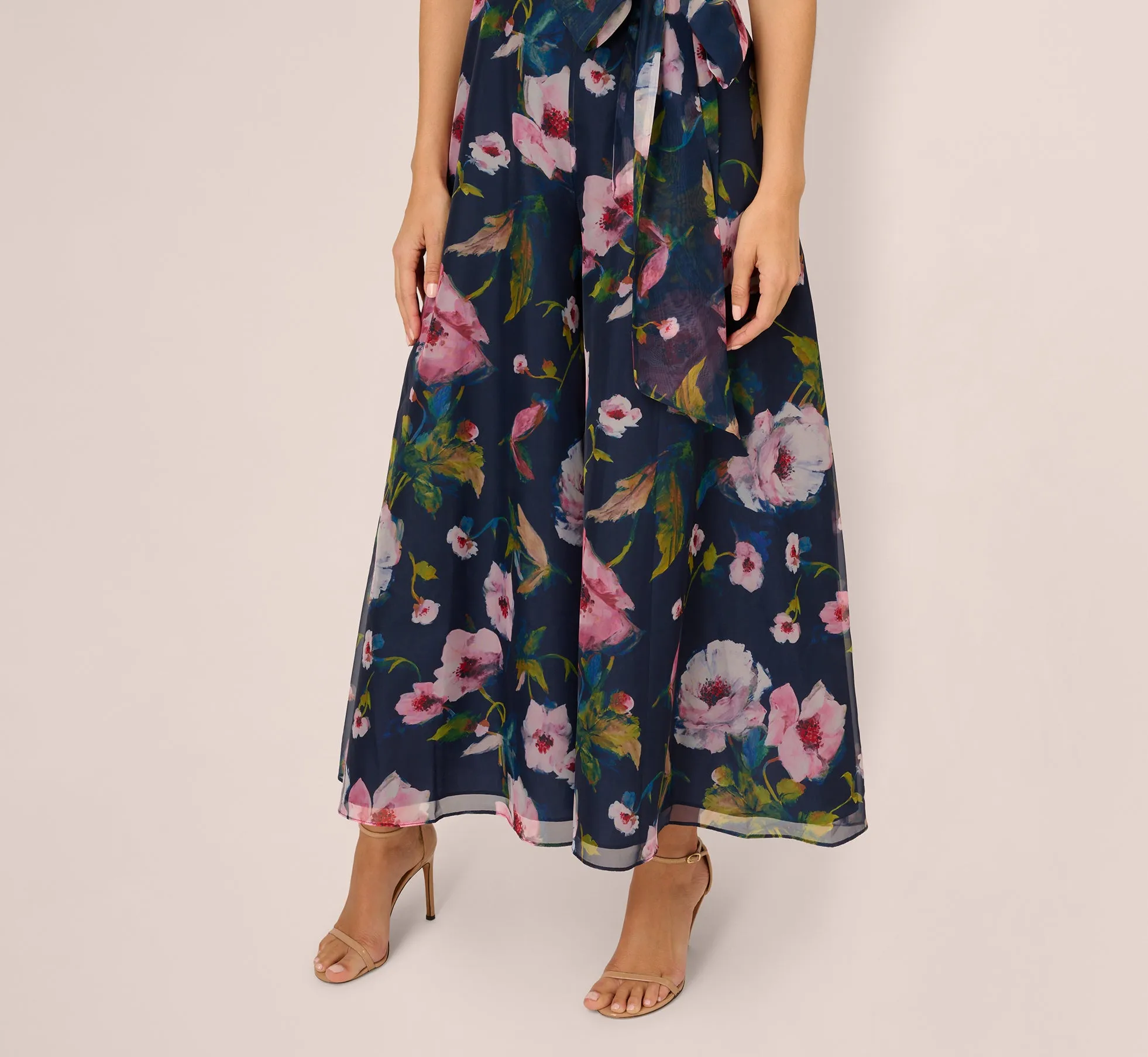 Sleeveless Floral Organza Jumpsuit With Cropped Wide Legs In Navy Multi
