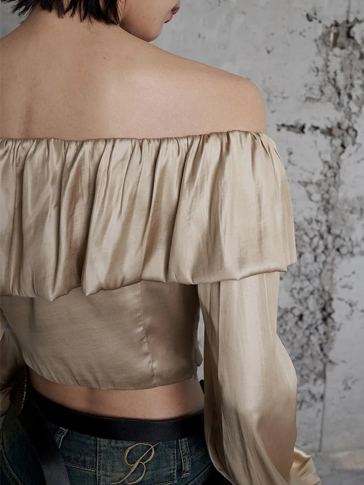 Solid Elegant Blouses For Women Slash Neck Long Sleeve Patchwork Ruffles Temperament Shirt Female Fashion Clothing